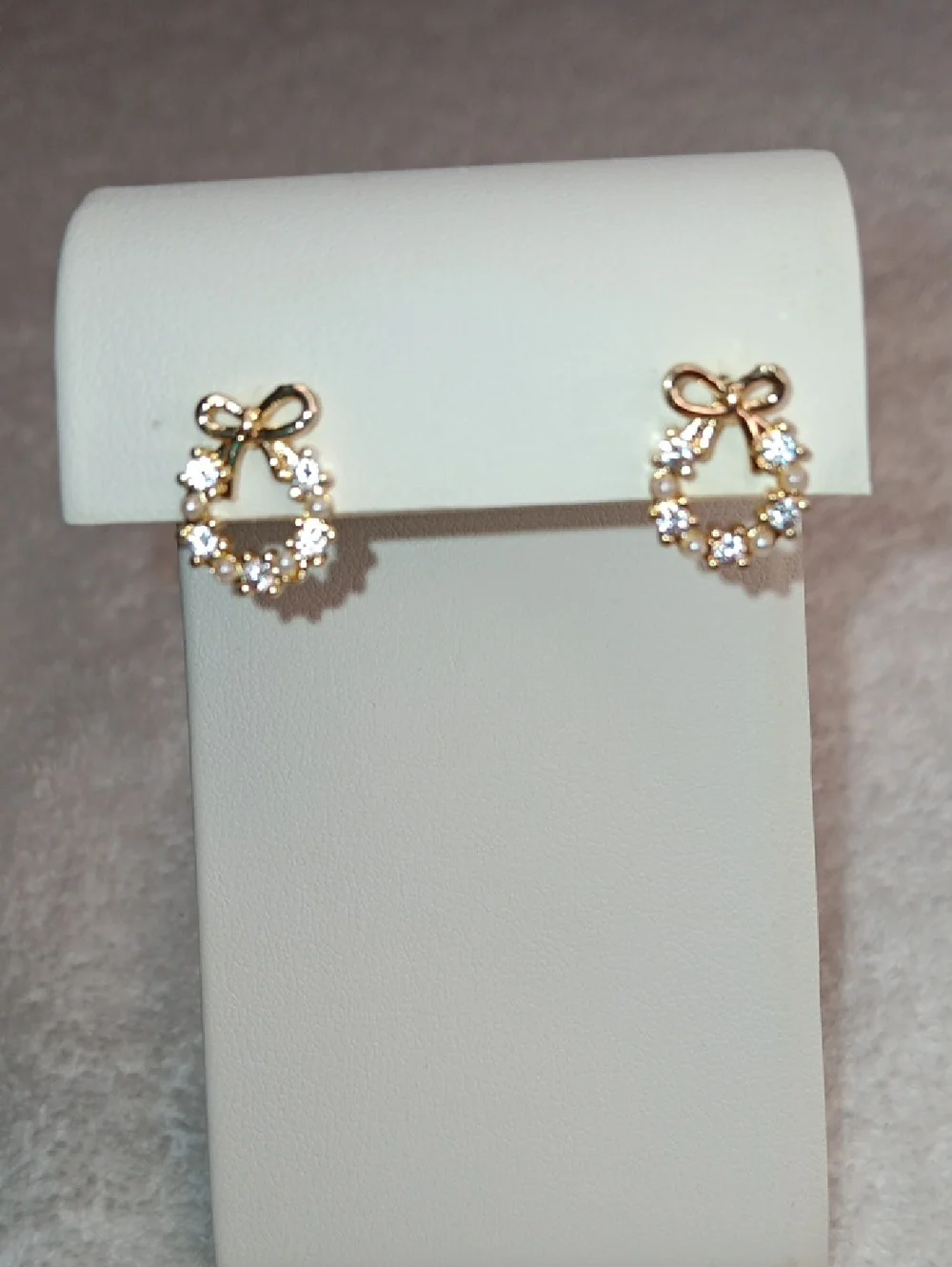 Petite Gold Tone Mini Pearl Wreath Stud Earrings with Bow
